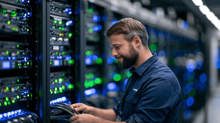 Close-up of fiber optic connections to enterprise storage array