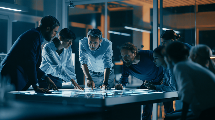 Project managers reviewing a relocation cost model on a conference room display