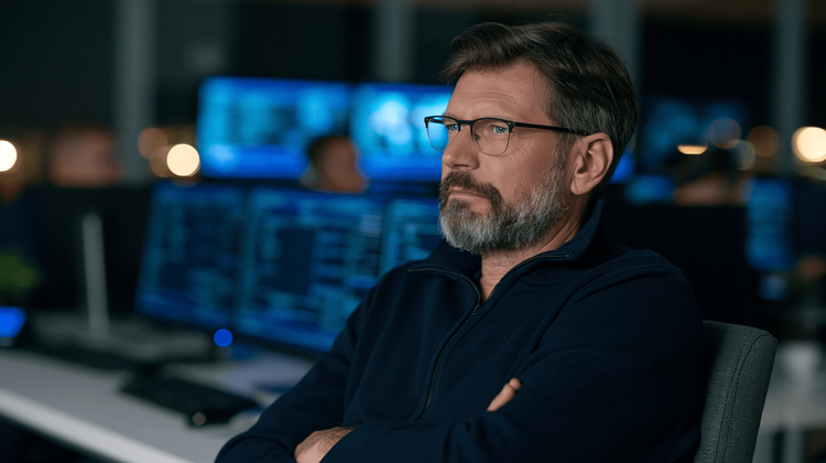IT leader reviewing infrastructure dashboards on monitors in an operations center