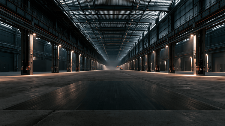 Empty data hall with raised floor tiles lifted and overhead cable trays stripped