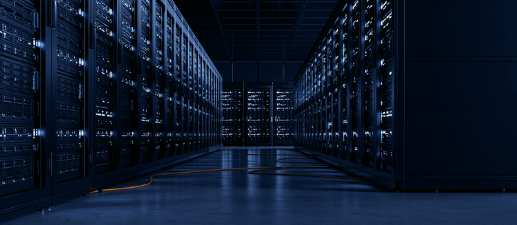 High-density GPU compute racks with heavy power distribution feeds