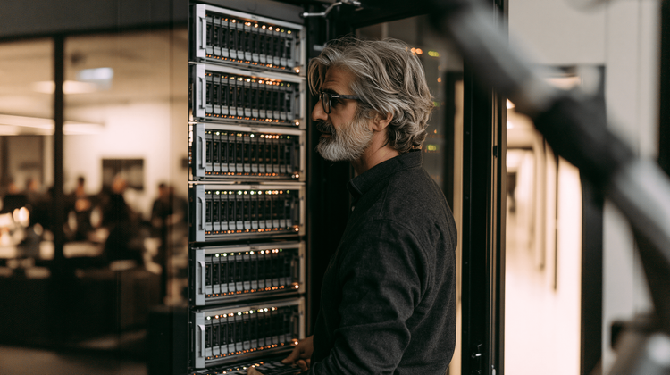 Systems engineer checking blade server chassis status indicators in a server room