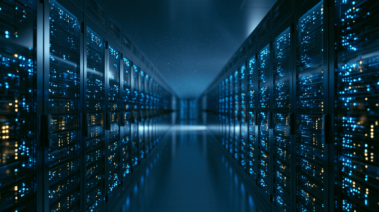 Rows of illuminated server racks receding down a dark data center aisle