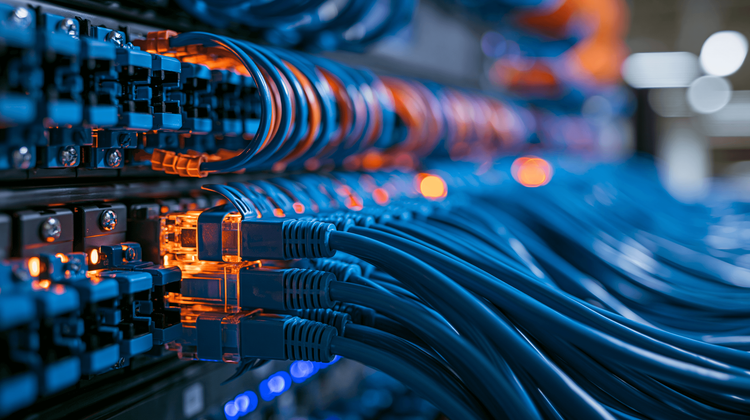 Close-up of a network patch panel with blue cabling and illuminated ports
