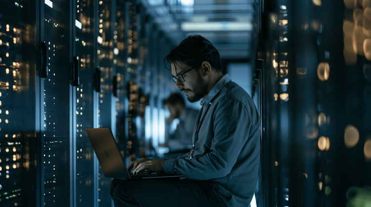 Technicians de-racking servers onto a padded cart in an emptying data center row