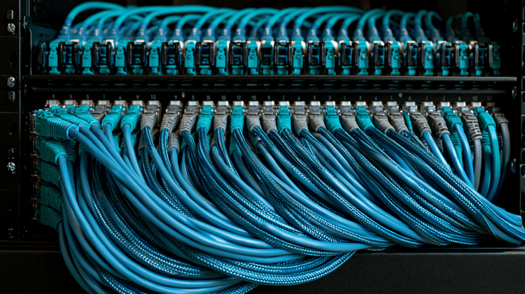 Telecom room with patch panels, cross-connects, and structured cabling