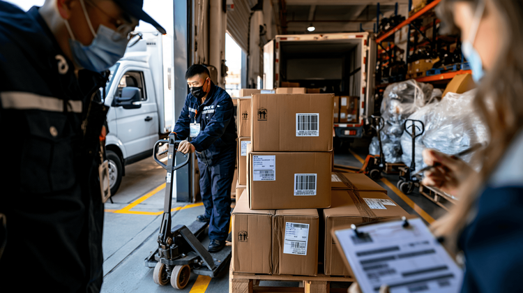 Palletized UPS battery modules prepared with dangerous goods labeling for transport